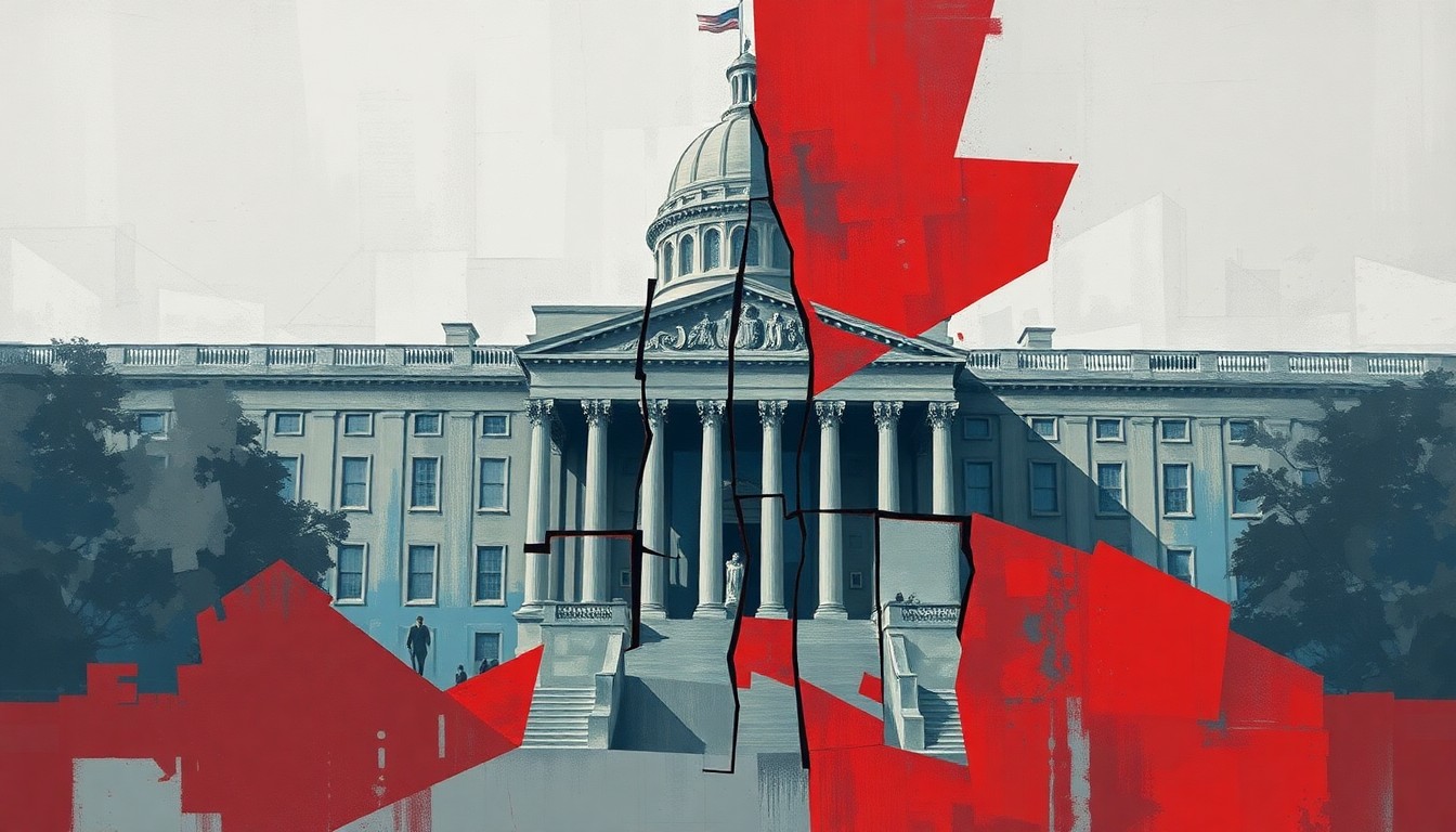 A dynamic, abstract painting with overlapping, fractured shapes and lines in shades of grey, blue, and red, representing the tension and fragmentation surrounding California's public pension fund investments in companies that work with federal immigration enforcement agencies.