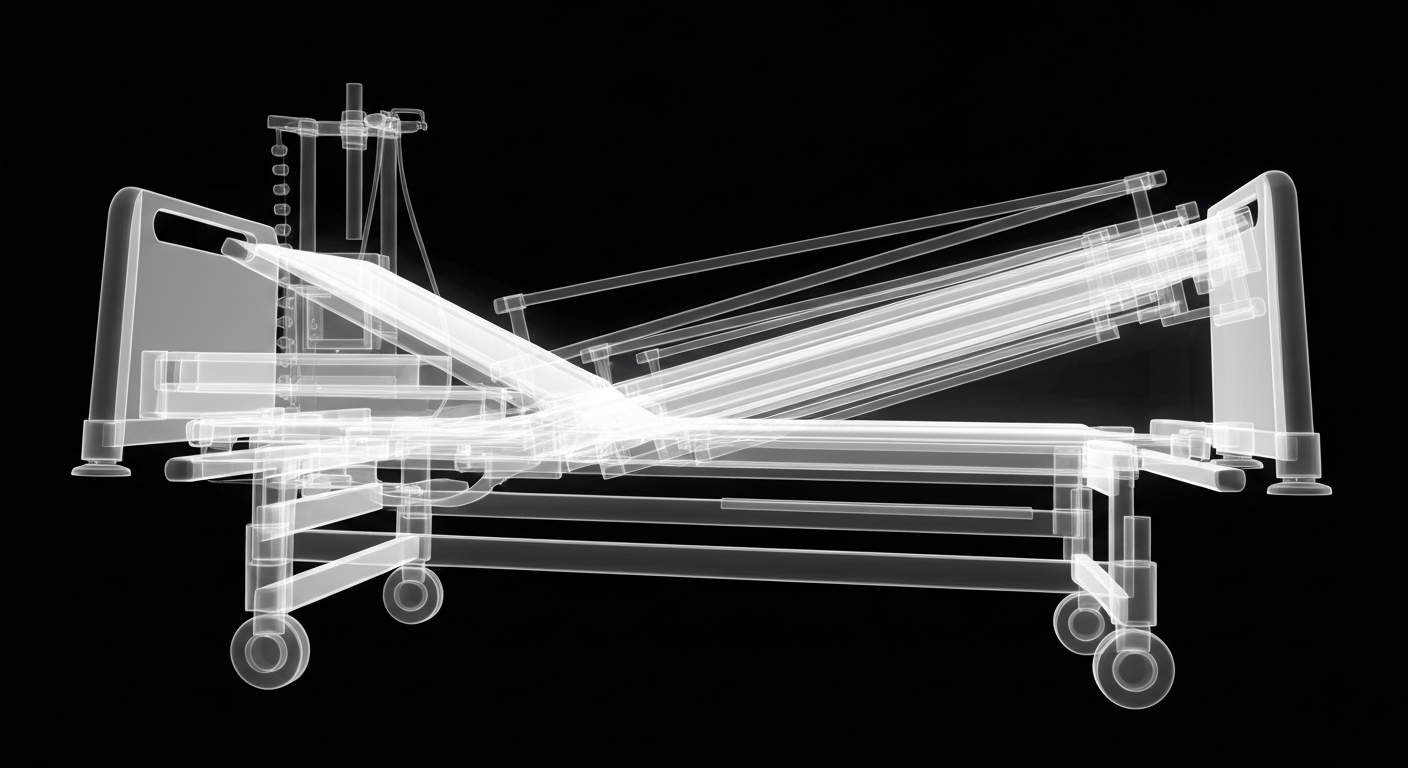 A translucent X-ray photograph revealing the intricate internal structure of a hospital bed or medical equipment, conceptually representing the integrated systems that earned University Hospitals recognition for strengthening regulatory readiness and compliance.
