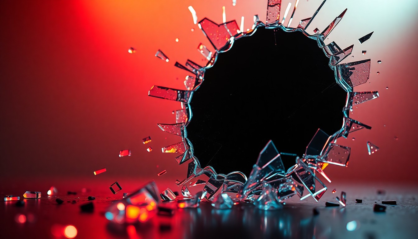 An extreme macro photograph of shattered glass in high-contrast studio lighting, capturing the glitzy, high-stakes glamour of a blossoming college romance.