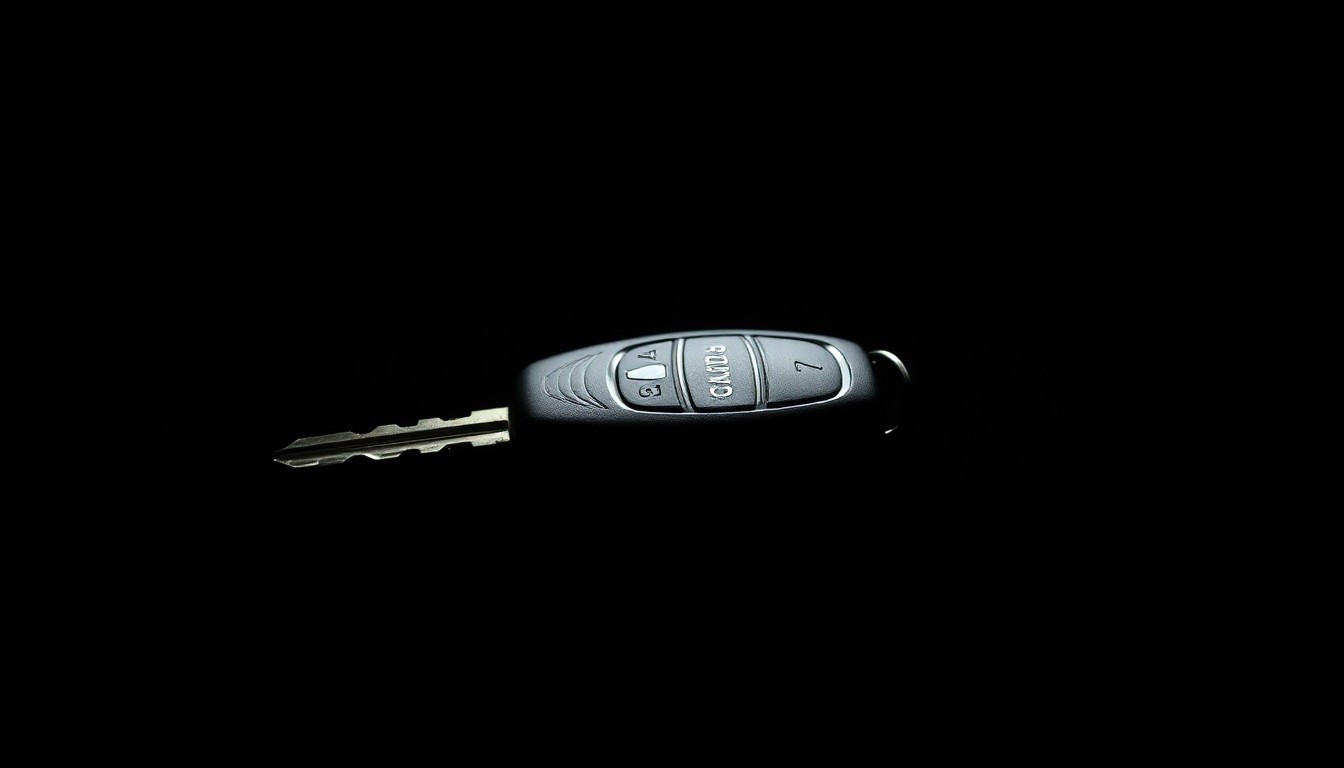 An extreme close-up photograph of a car key against a pitch-black background, conceptually representing the physical evidence of traffic violations without depicting actual violence or victims.