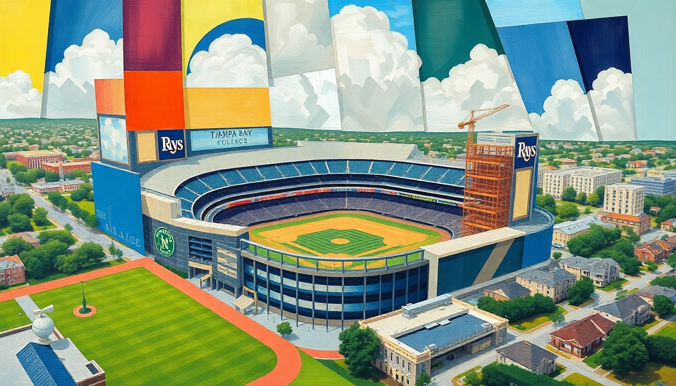 A fragmented, cubist-style painting depicting a baseball stadium, construction site, and surrounding neighborhood, broken down into sharp, overlapping geometric shapes and planes in the colors of the Tampa Bay Rays and Hillsborough College, conceptually representing the multifaceted nature of the stadium proposal.