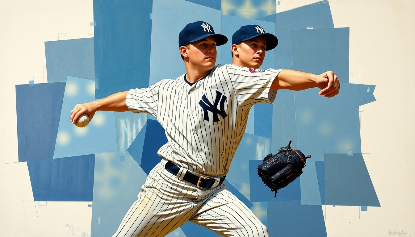 A cubist, geometric painting depicting a Yankees pitcher in the midst of delivering a pitch, with the motion broken down into sharp, overlapping planes of color and form.