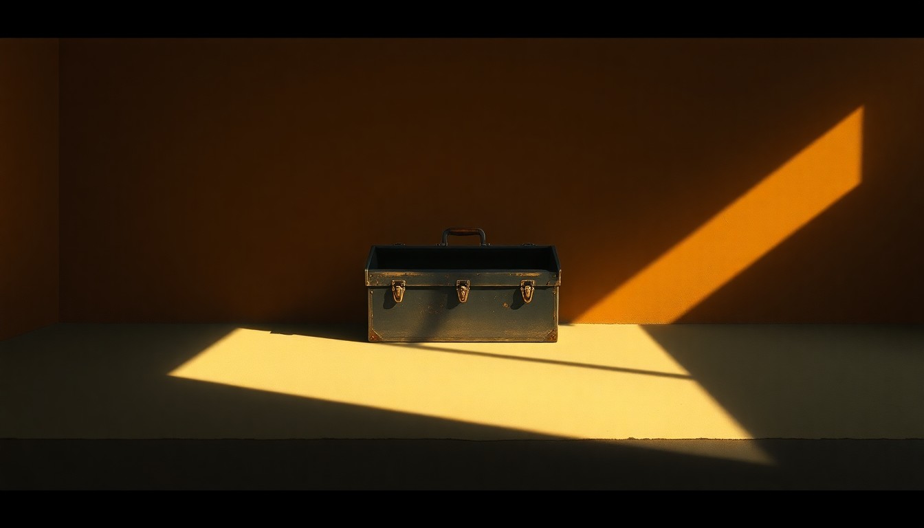A photorealistic painting of a worn, weathered plumber's toolbox sitting on a wooden workbench, bathed in warm, golden light streaming in from a window. The scene has a quiet, contemplative mood, capturing the pragmatic spirit of hands-on work.