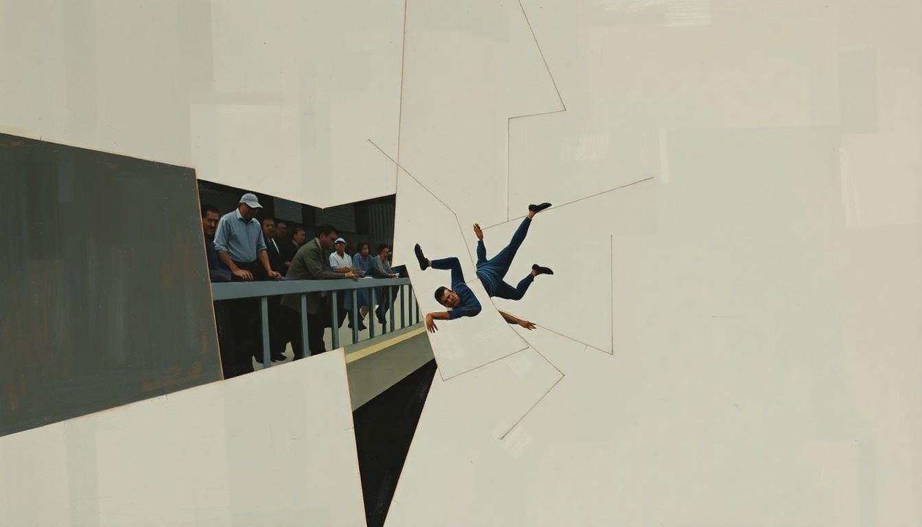 A fractured, geometric painting depicting a fan falling from a stadium railing, with sharp, overlapping planes of muted colors representing the chaotic and tragic nature of the incident.