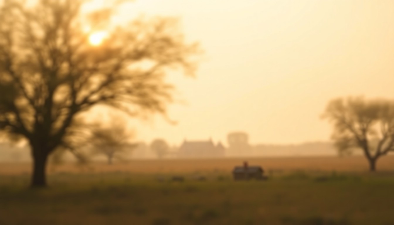 An abstract, out-of-focus photograph of a rural Texas landscape, with soft, warm tones and blurred shapes that convey a sense of nostalgia and tranquility.