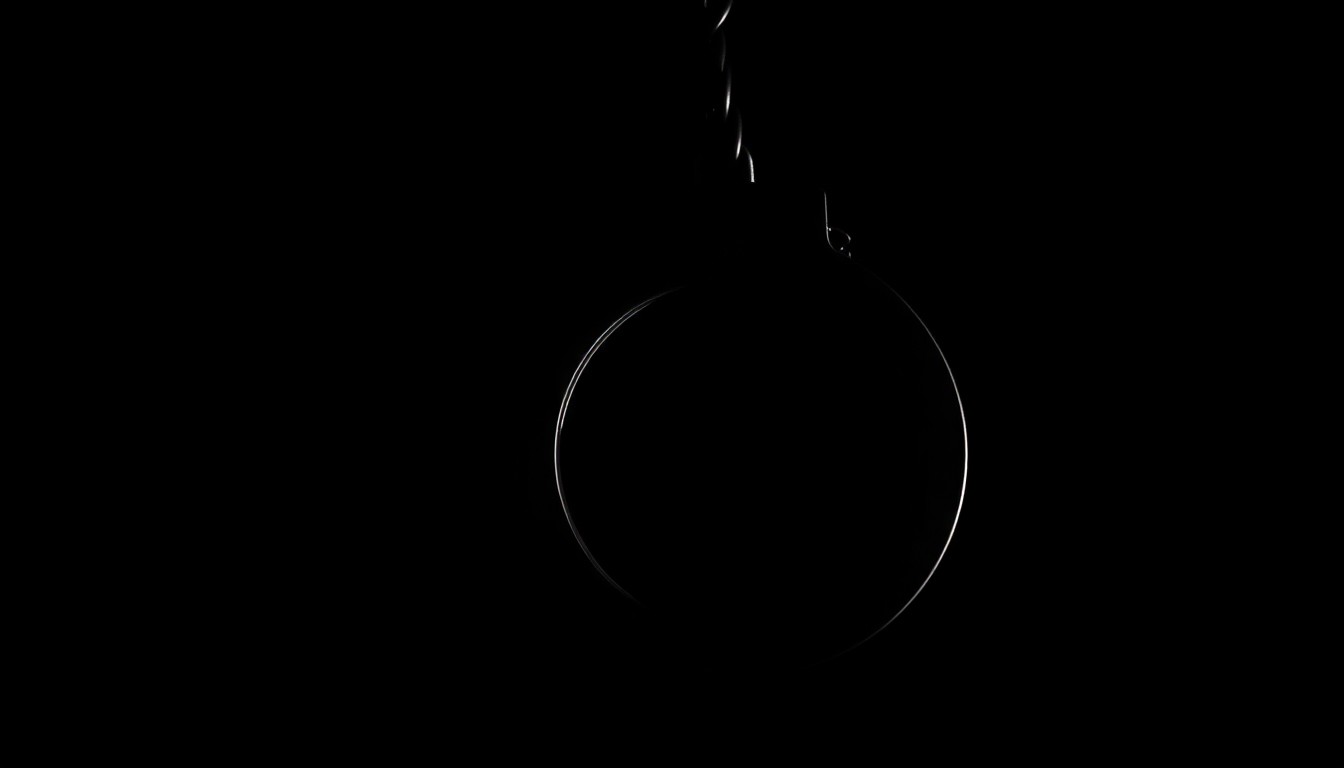 An extreme close-up photograph of a police badge or handcuff, lit by a harsh, direct camera flash against a pitch-black background, conveying the serious, investigative nature of this incident.