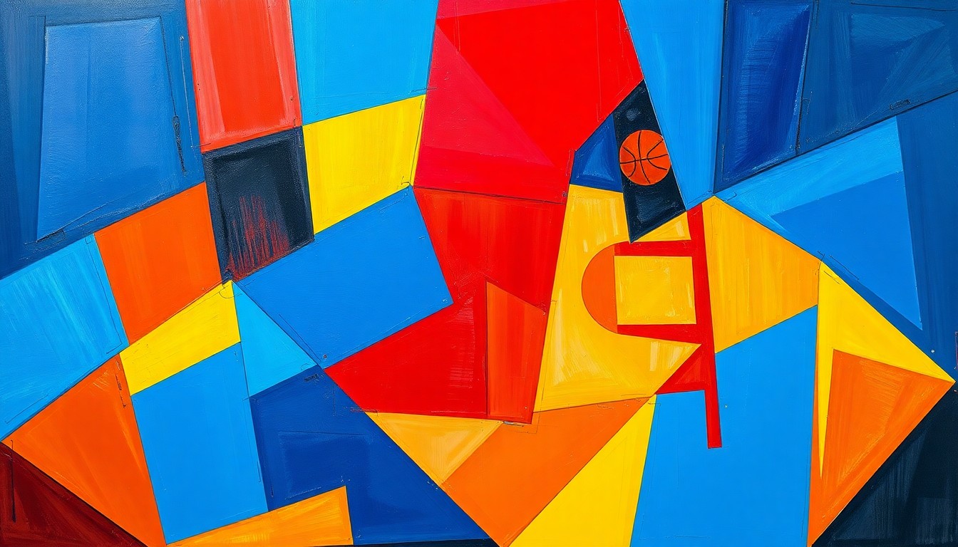 A fractured, geometric painting in bold primary colors depicting the dynamic movements and competing perspectives of a basketball game or baseball diamond, conveying the thrill of high-stakes professional sports.