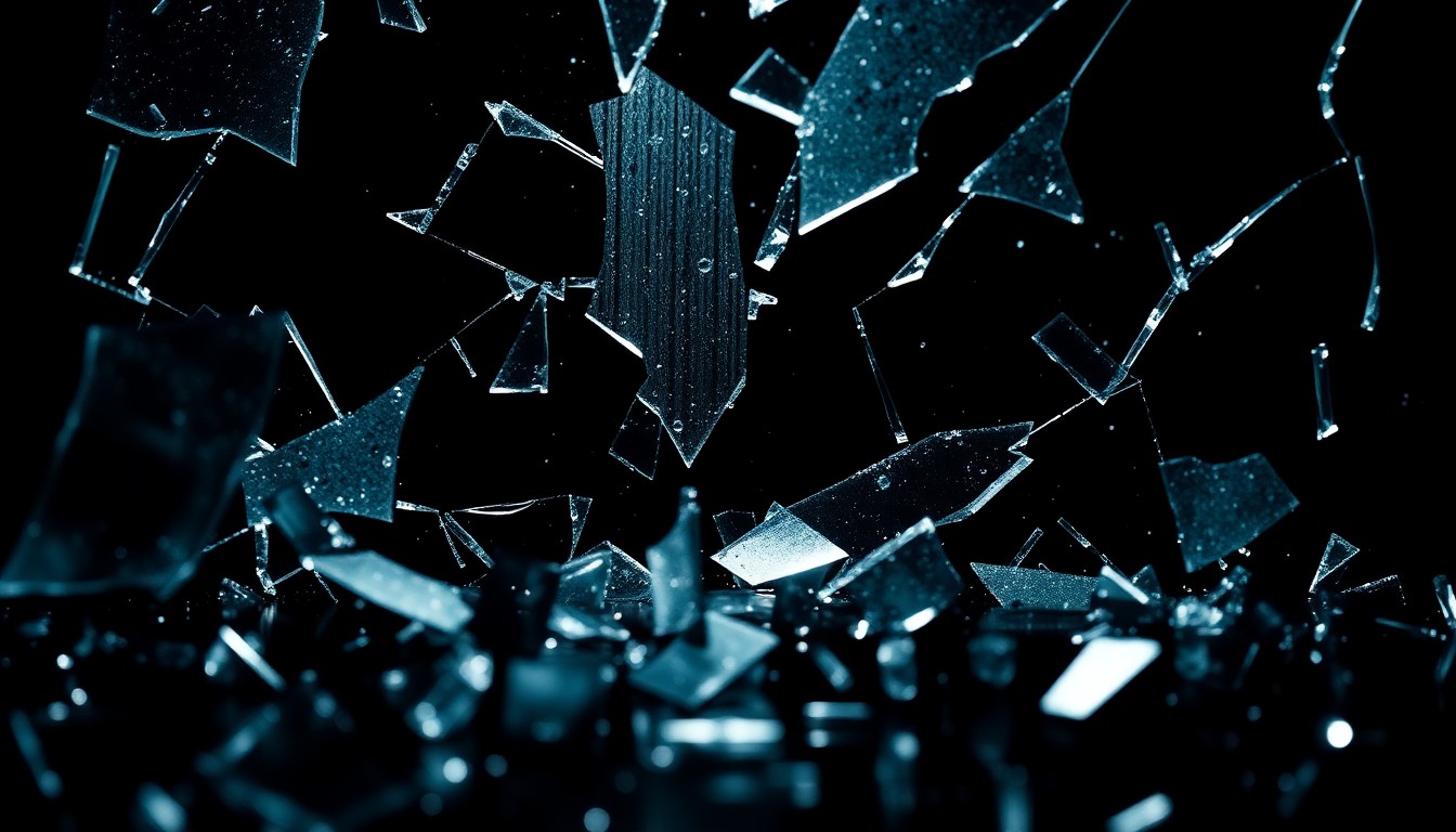 An extreme close-up of shattered glass and reflective metal surfaces, captured in dramatic high-contrast lighting to conceptually represent the psychological tension and moral dilemmas at the core of the Saw horror franchise.