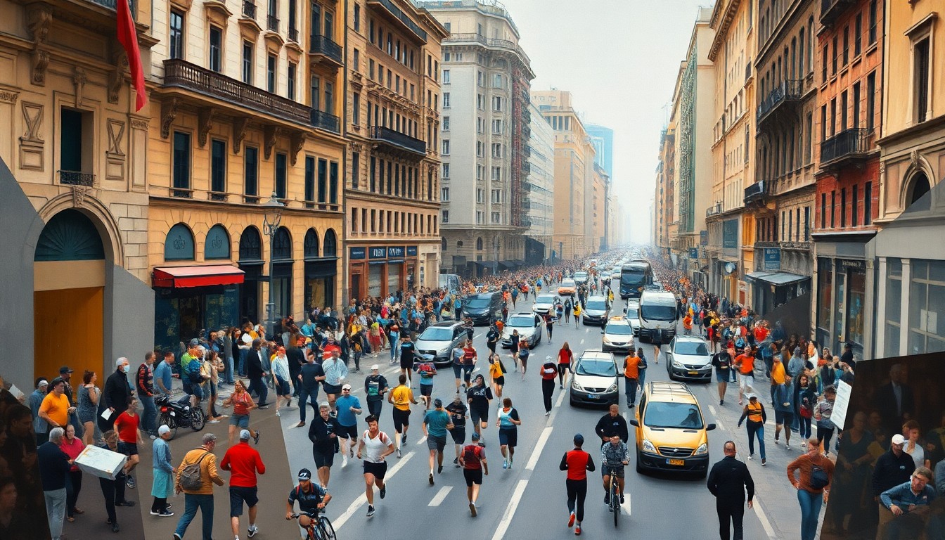 A fractured, geometric painting depicting a crowded city street scene with runners, spectators, and traffic, rendered in a cubist style using earthy tones of brown, grey, and blue.