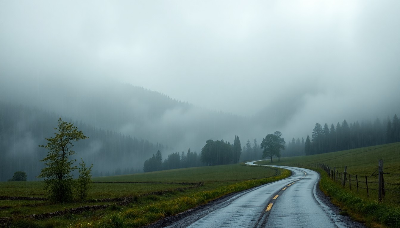 A sweeping, atmospheric landscape painting depicting a rain-soaked country road winding through a misty, dramatic natural scene, conveying the overwhelming scale of the weather's impact on the local infrastructure.