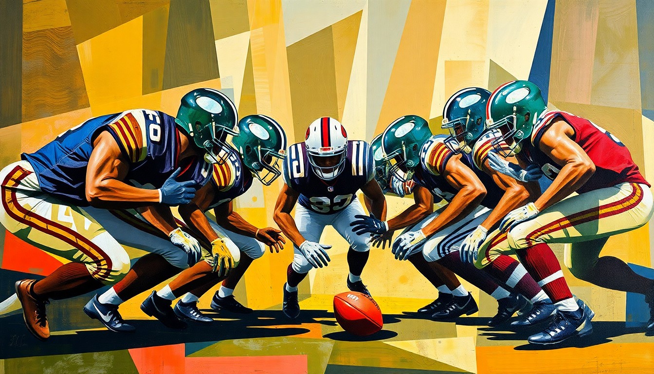 A cubist-style painting depicting a football offensive line broken down into sharp, overlapping geometric shapes and planes, conceptually representing the strategic importance of investing in offensive line talent.