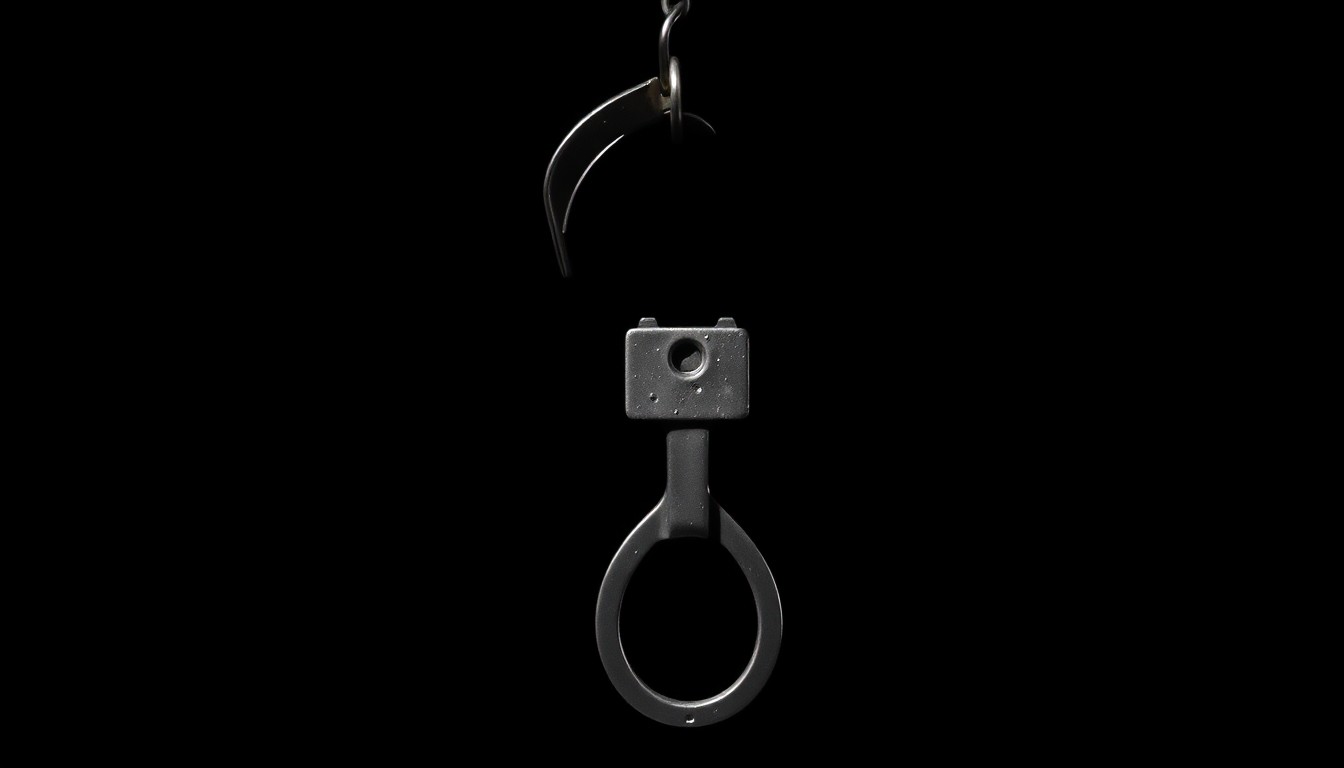 An extreme close-up photograph of a handcuff key against a pitch-black background, lit by a harsh, direct camera flash, conceptually representing the physical evidence at the heart of this wrongful conviction case.