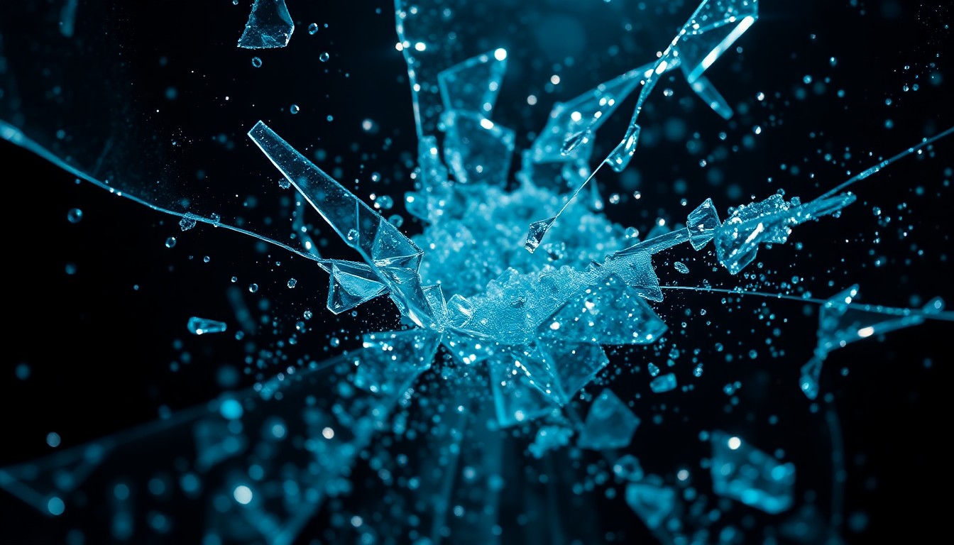 An abstract close-up image featuring shattered glass and glittering sequins, conveying the high-stakes, glamorous tensions at the center of the new season of Netflix's Beef.