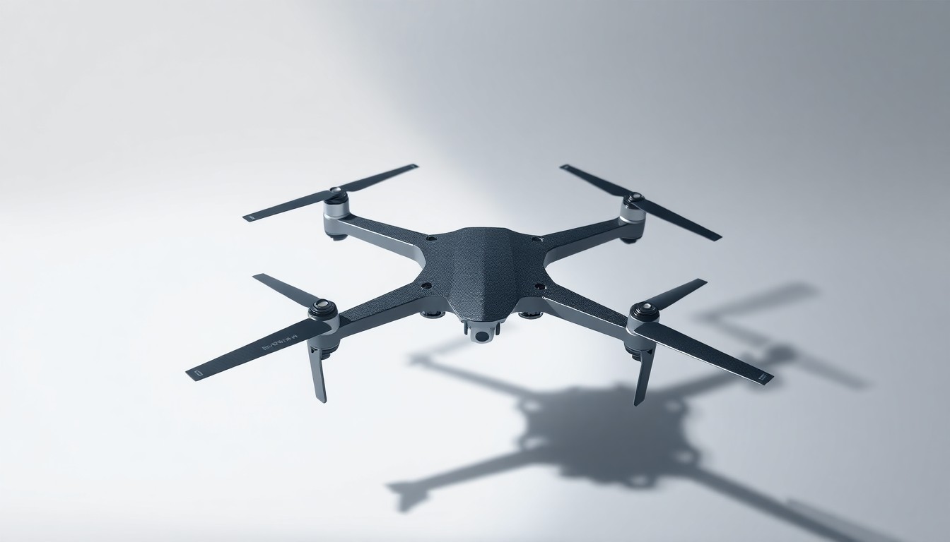 A photorealistic studio still-life image of a sleek, angular drone model made of polished metal and carbon fiber, floating elegantly on a clean, monochromatic background with dramatic shadows, conceptually representing the power and precision of advanced defense technology.