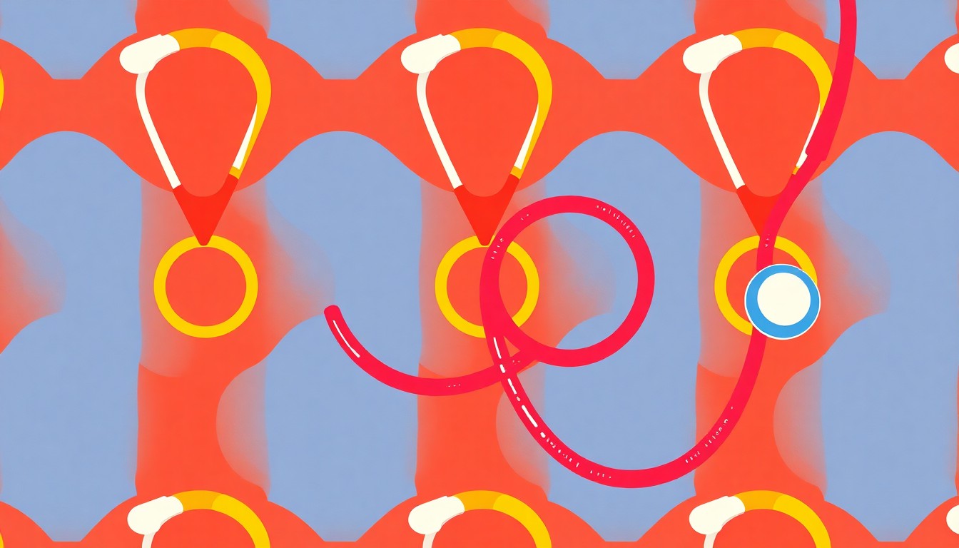 A grid of brightly colored, high-contrast silkscreen images of a stethoscope and wedding ring, conceptually representing the intersection of medicine and marriage.