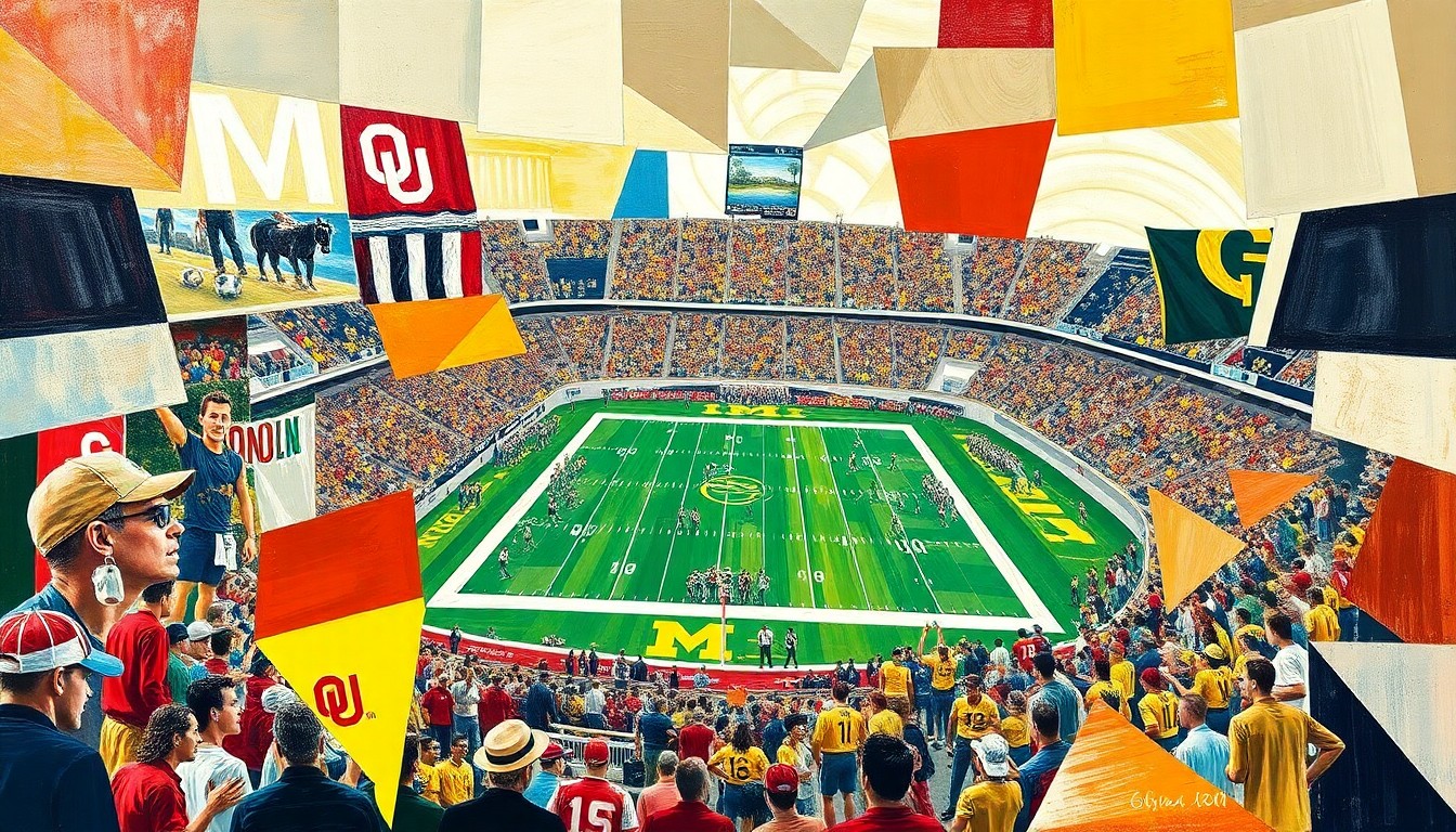 A fragmented, geometric painting depicting the action and energy of a college football game between two teams, with sharp planes of color and form representing the dynamic movements and strategic clashes on the field.