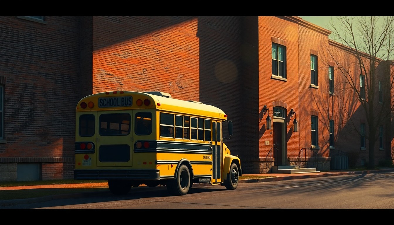 A serene, cinematic painting of a school bus parked outside a brick school building, with warm sunlight and deep shadows, conveying a sense of nostalgia and the importance of investing in public education.
