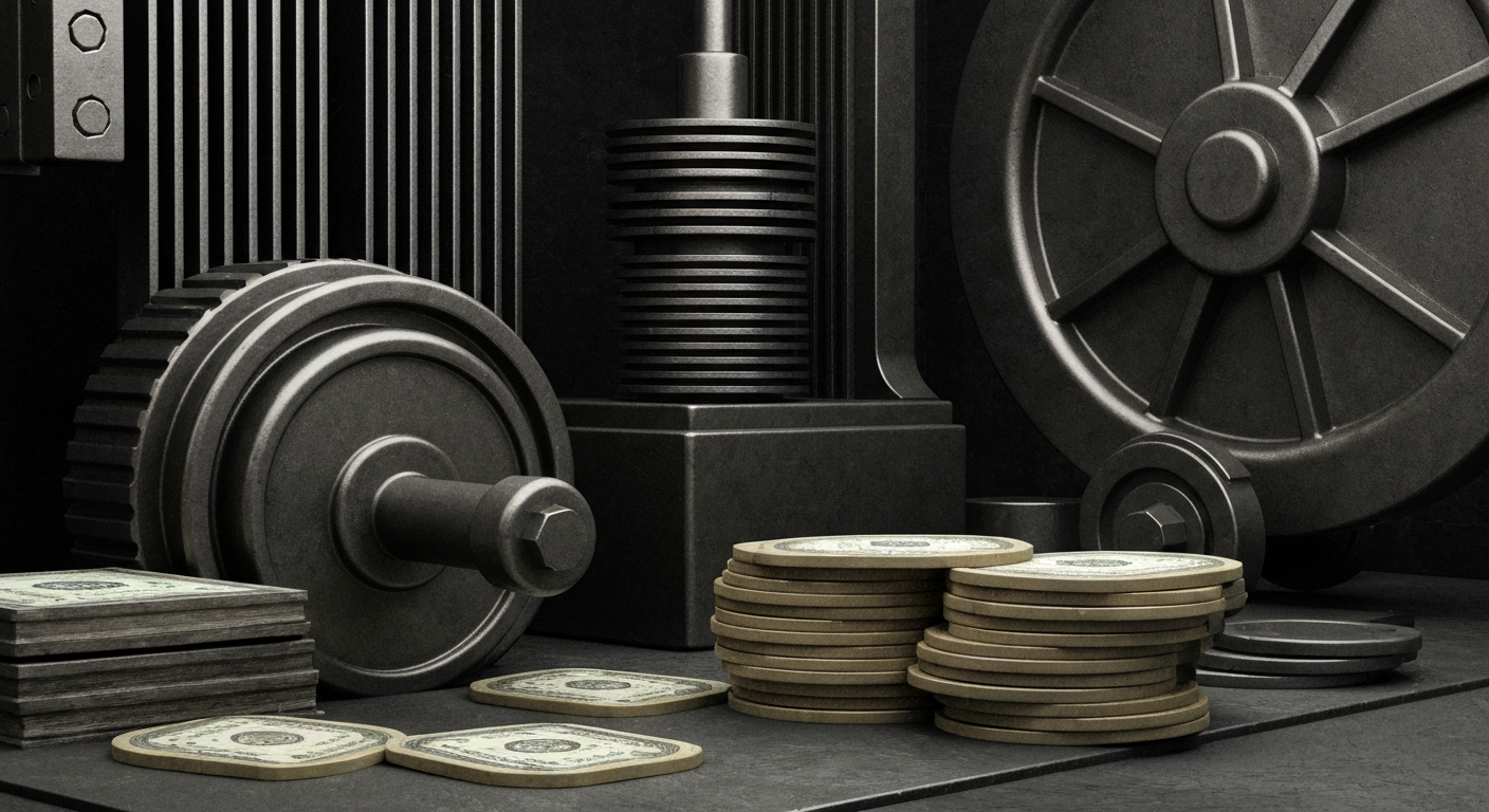 An extreme close-up of complex financial machinery and mechanisms, conveying the institutional power and security of Booking Holdings' stock split decision.