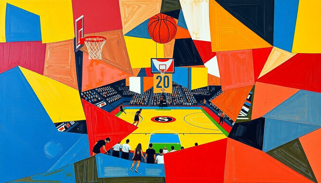 A cubist, geometric painting depicting fragmented, overlapping basketball players and court elements in a vibrant color scheme, conceptually representing the iconic Fab Five's reunion and enduring impact on the sport.