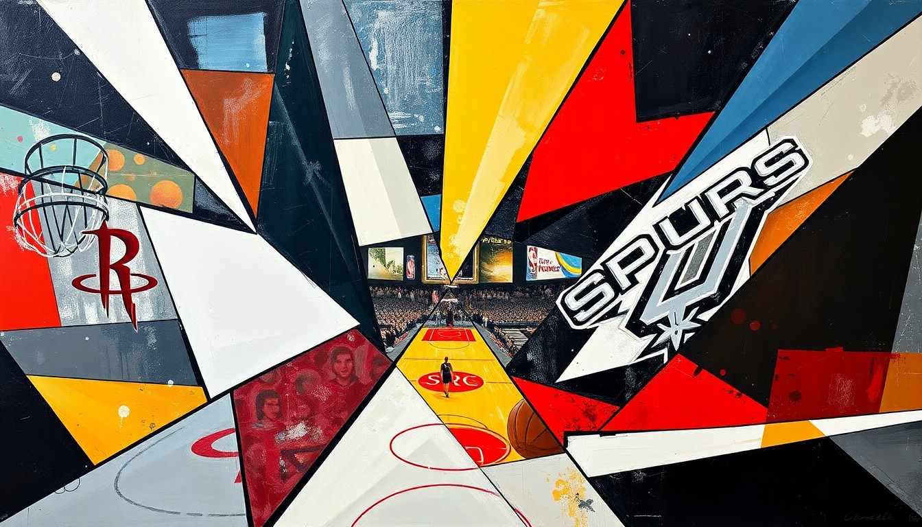 A fragmented, geometric painting depicting a basketball game or match, with sharp planes of color and form representing the dynamic action on the court between the two teams.