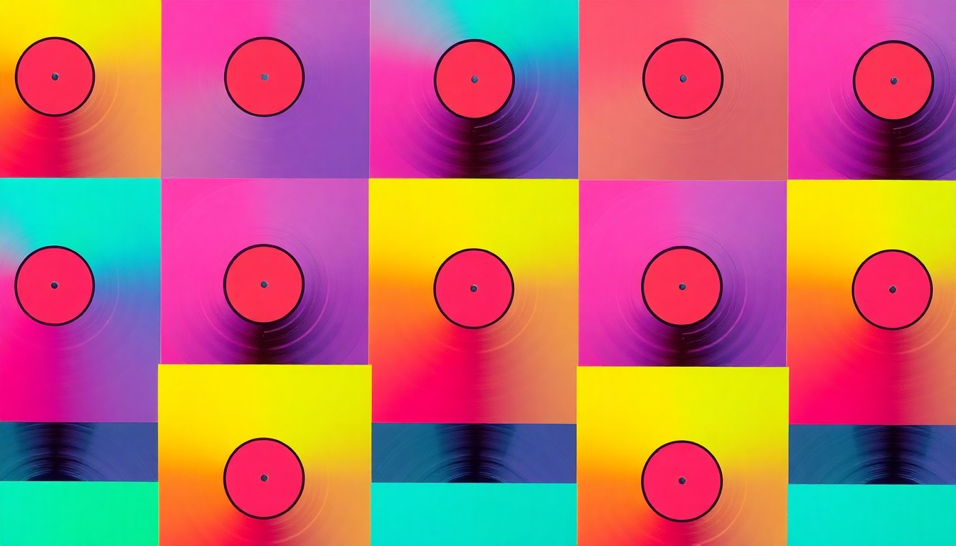 A vibrant, high-contrast silkscreen print featuring a repeating grid of a vintage record album cover in bold, neon colors, conceptually representing the value of forgotten household items.