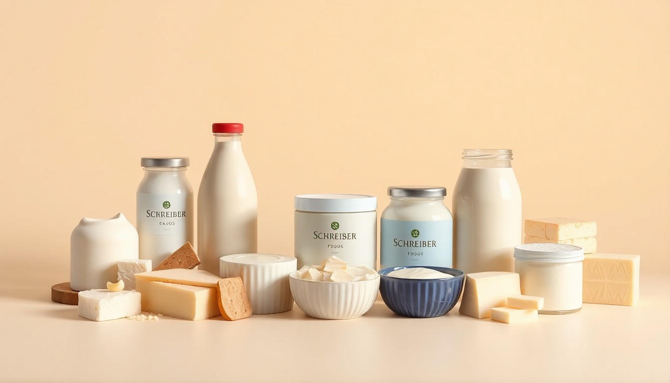 A high-end, photorealistic studio still-life photograph featuring a collection of premium dairy products like cheese wheels, yogurt cups, and milk bottles arranged elegantly on a clean, monochromatic seamless background, using dramatic lighting and shadows to convey the refined, polished nature of the Schreiber Foods brand.