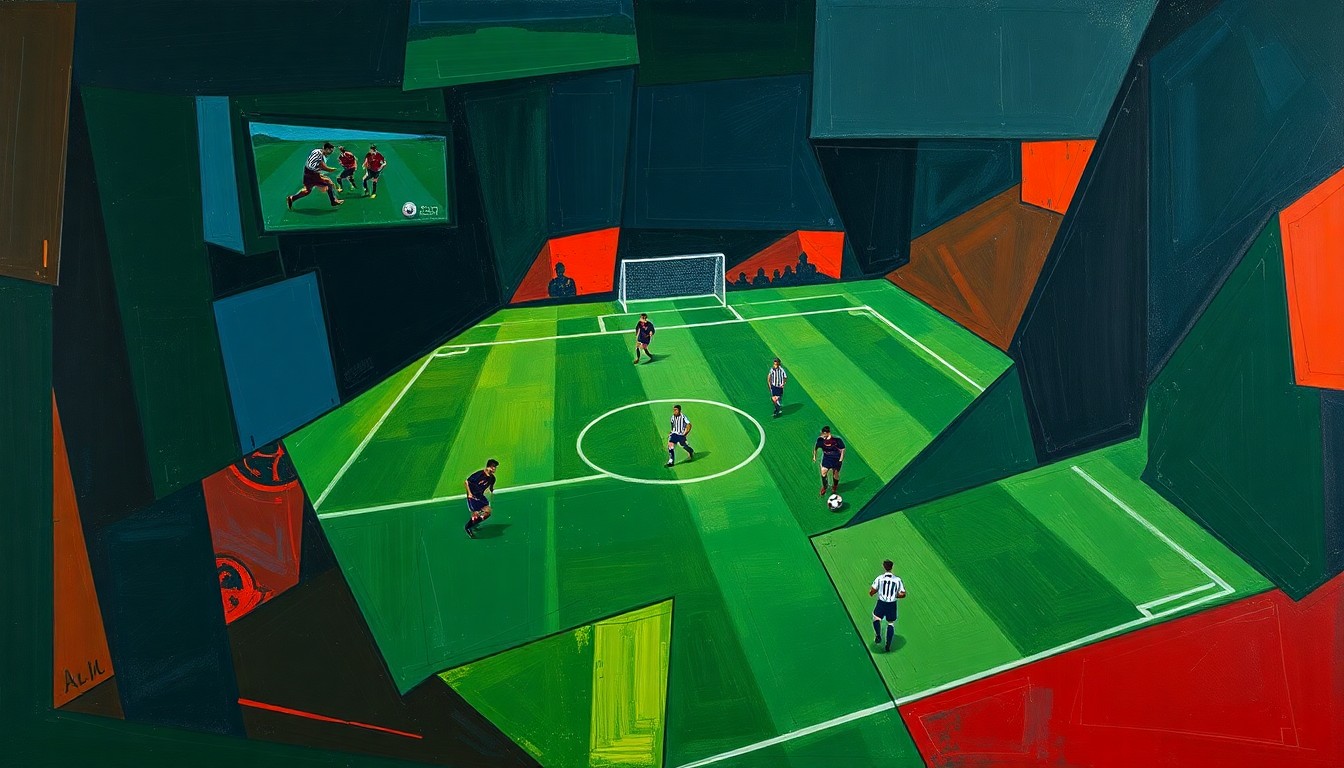 A fragmented, cubist-style painting depicting a soccer player in motion, with their body and the ball broken down into sharp, overlapping geometric shapes in a rich color palette, conveying the intensity and complexity of a young player's first experience on the European stage.