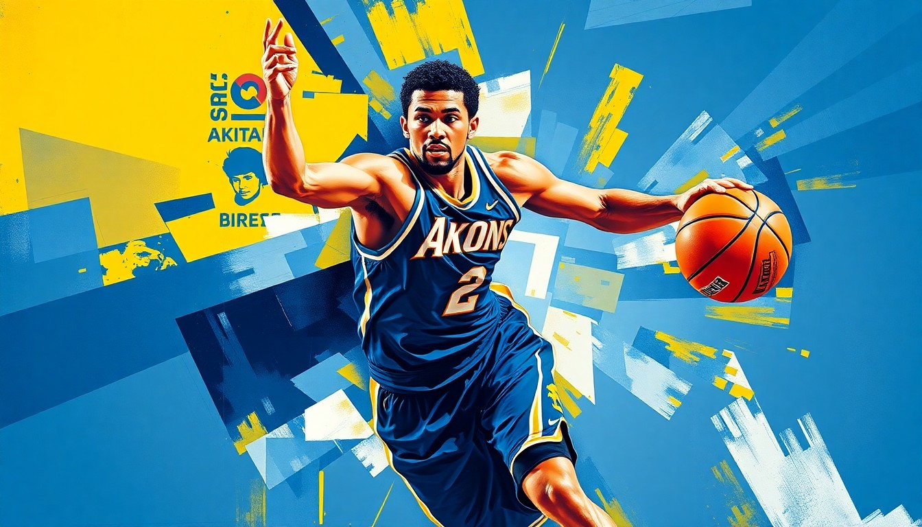 A cubist, geometric painting depicting the fragmented movements of a basketball player, rendered in the official colors of the Akron Zips.