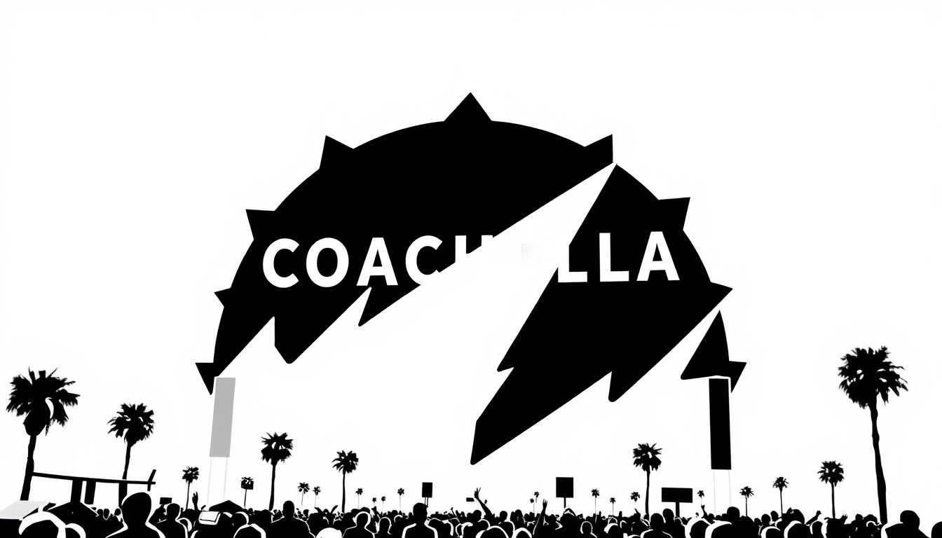 A striking, minimalist illustration featuring bold, geometric black shapes against a stark white background, capturing the vibrant energy and anticipation surrounding the 25th Coachella music festival.