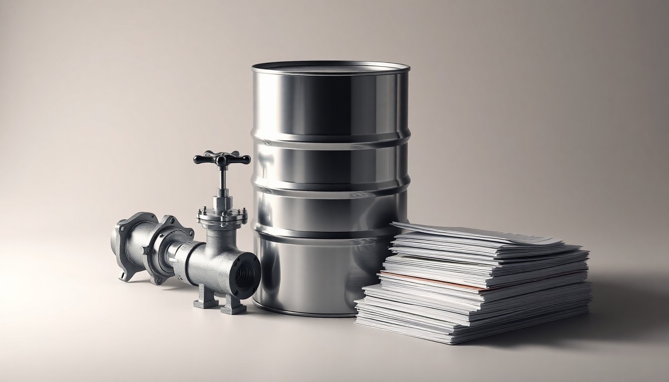 A minimalist, photorealistic studio still life featuring a polished metal oil drum, a gleaming chrome valve, and a stack of financial documents, arranged elegantly on a clean, monochromatic background to conceptually represent the abstract financial and energy market implications of Rockhopper's oil and gas assets.