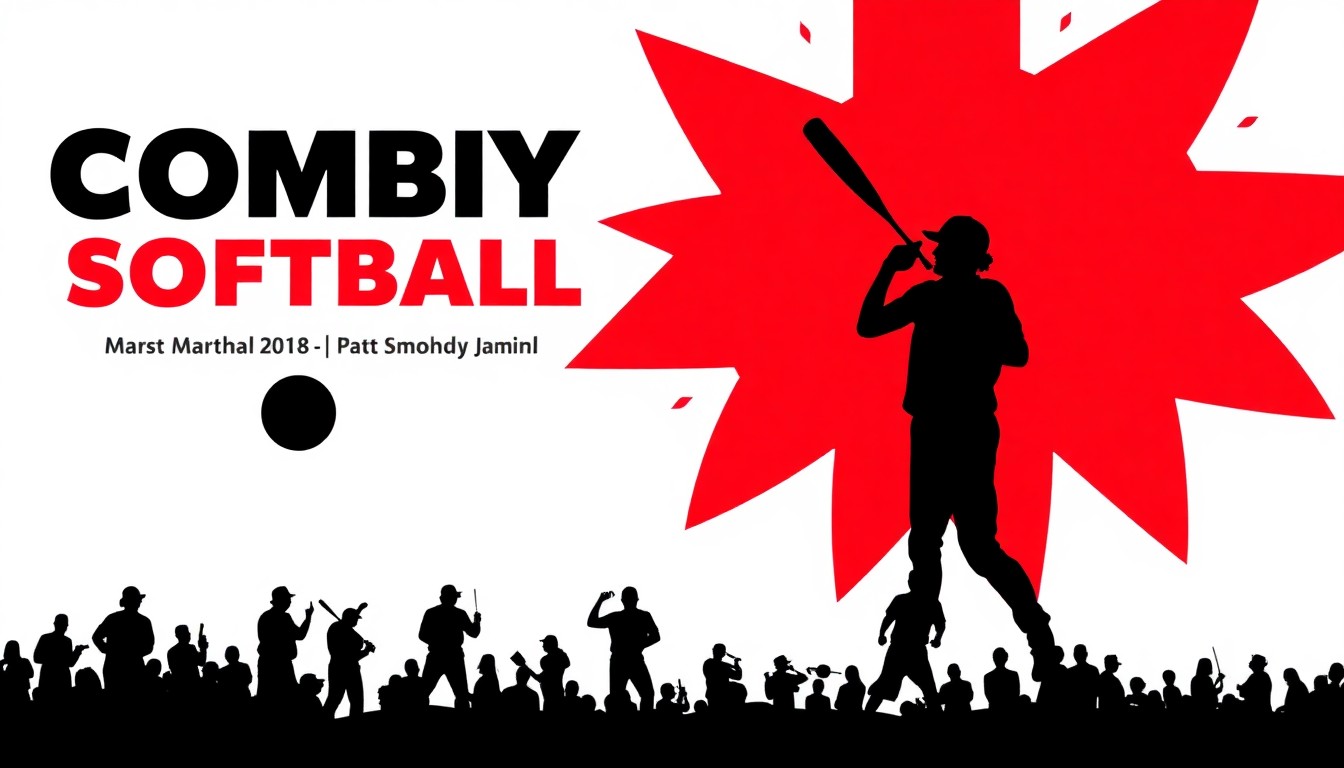 A bold, abstract illustration featuring stark black silhouettes of baseball players, bats, and other sports equipment, set against a backdrop of vibrant red and white geometric shapes, capturing the energy and spirit of a charity softball game.