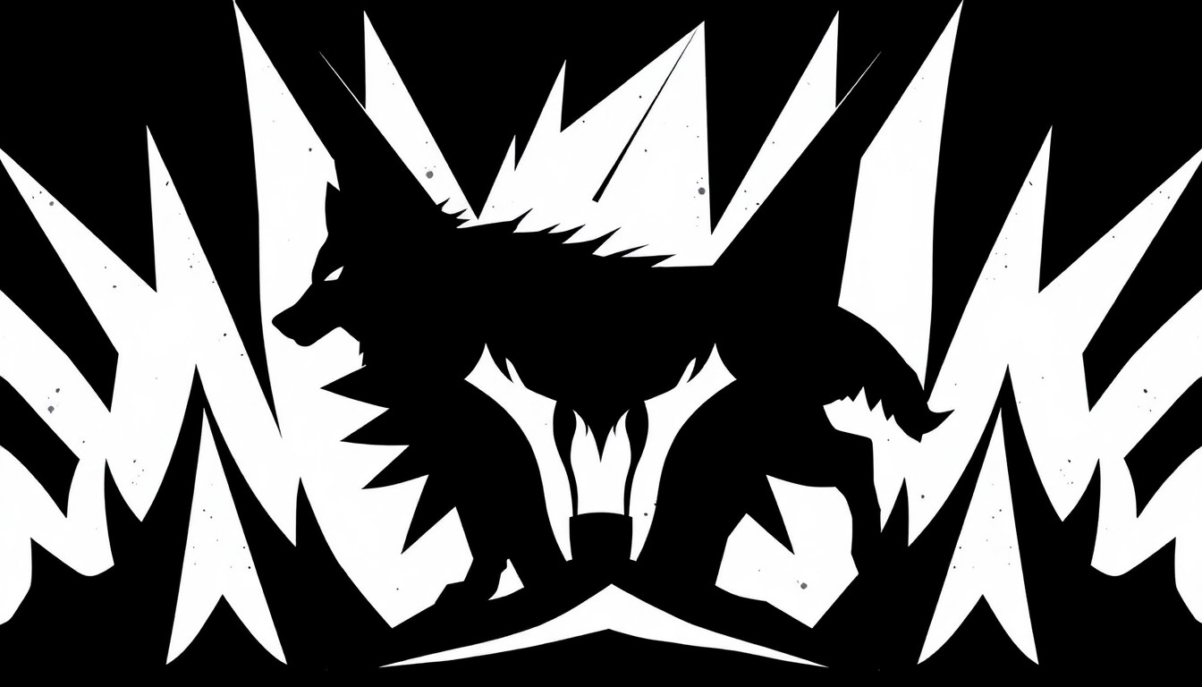 A bold, abstract composition of stark black and white geometric shapes, representing the themes of pursuit, survival, and redemption between humans and wolves in the American Southwest.