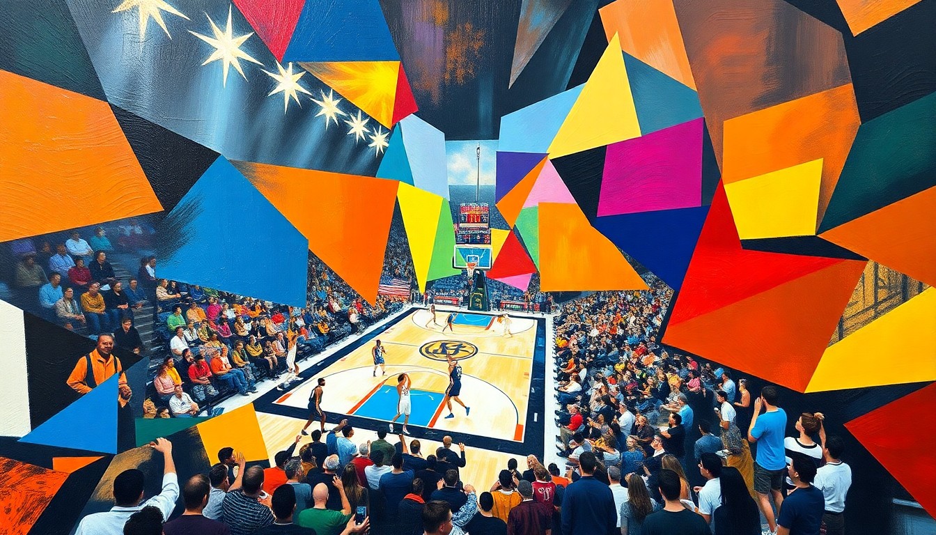 A cubist, geometric painting depicting the energy and movement of a college basketball game, with players and spectators represented through sharp, overlapping shapes and vibrant colors.
