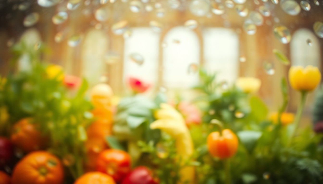 An abstract, hazy photograph showing blurred shapes and colors of various spring vegetables and herbs, conveying the atmospheric mood and seasonal focus of the cooking class.
