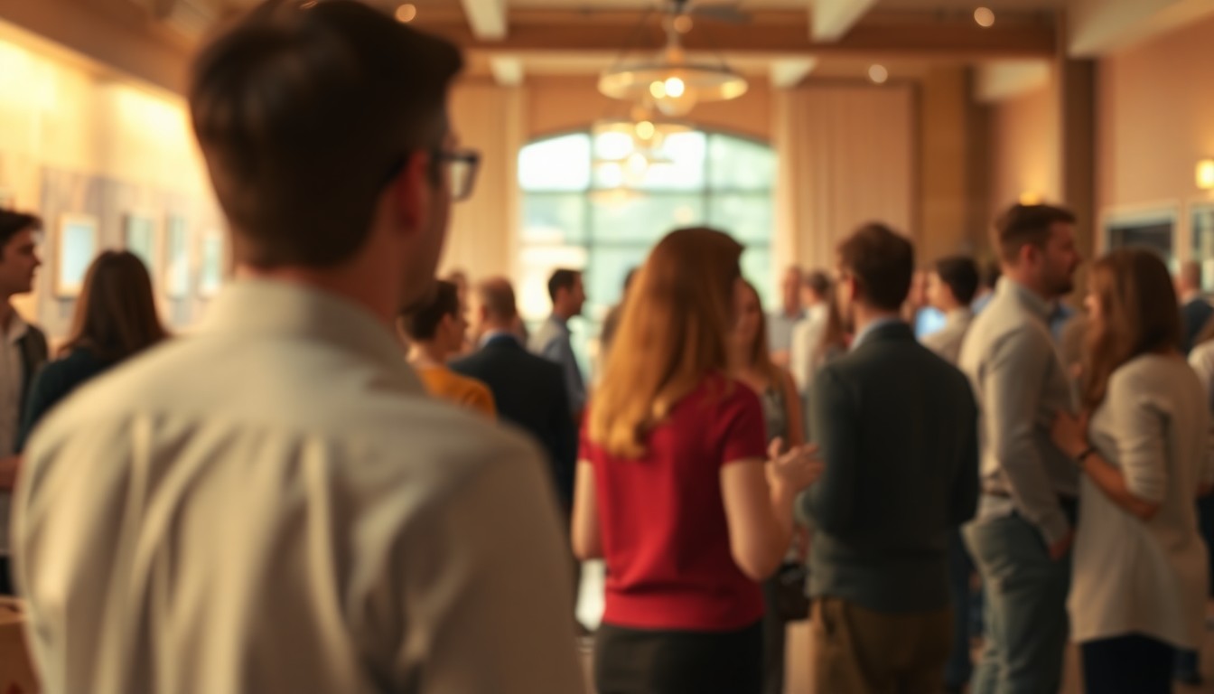 A softly blurred, atmospheric scene of people conversing in a warm, inviting indoor space, with highlights of golden light and muted colors, conceptually representing the networking and learning experience of an MBA program preview event.
