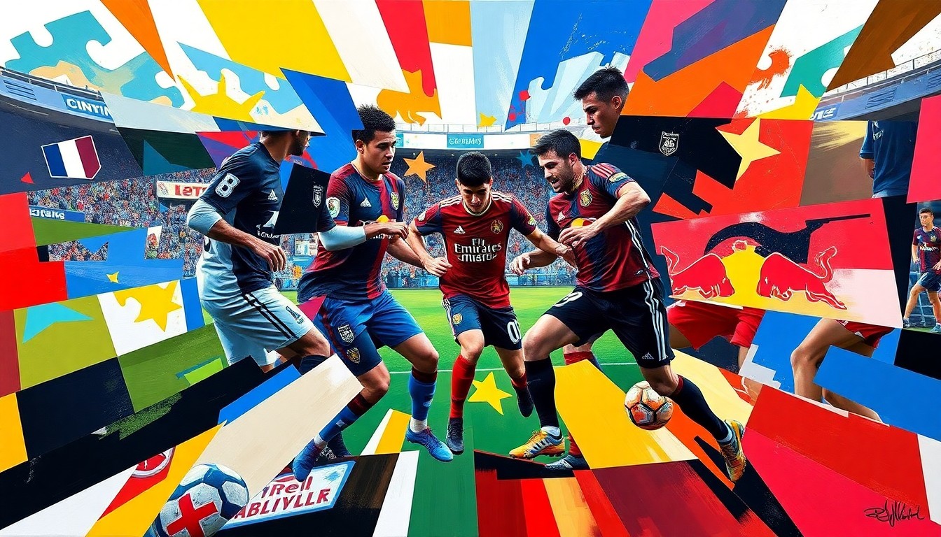 A cubist, geometric painting depicting the action of a soccer match, with players' forms broken down into overlapping planes of bright colors representing the uniforms of FC Cincinnati and Red Bull New York.