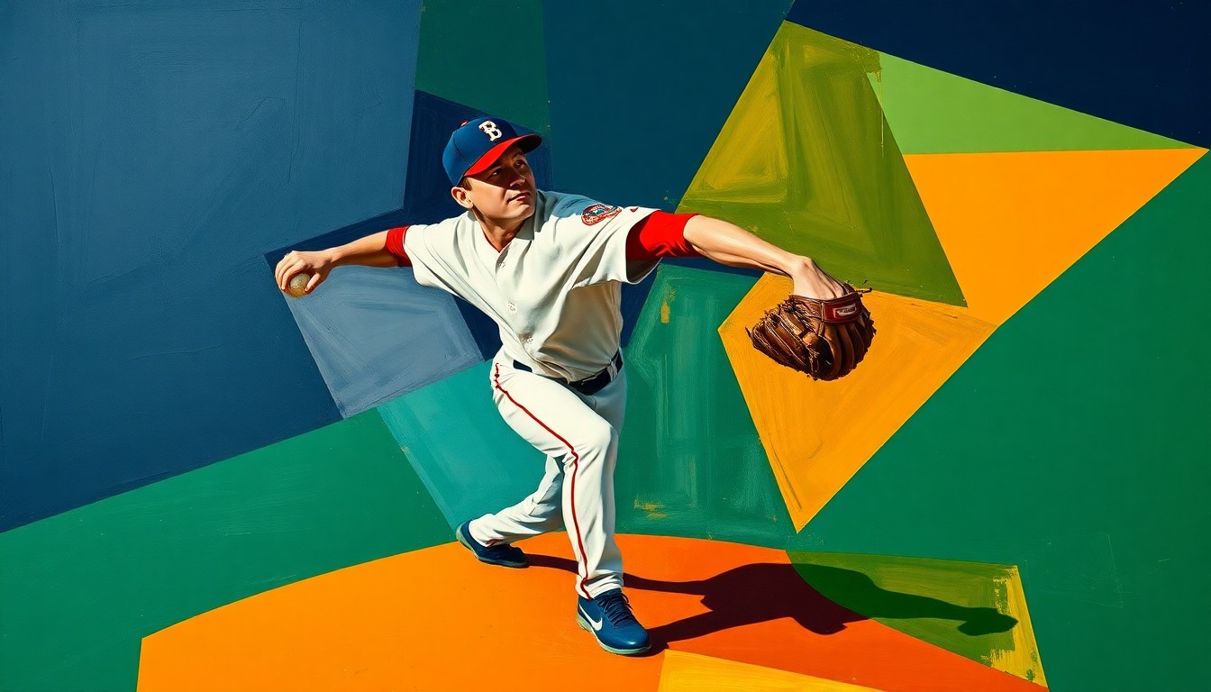 A cubist, geometric painting depicting the various angles and movements of a baseball pitcher's windup and delivery, rendered in bold, overlapping shapes and vibrant colors.
