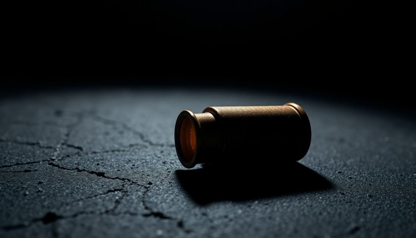 An extreme close-up photograph of a spent shell casing on a dark, textured surface, conceptually illustrating the aftermath of a shooting incident.