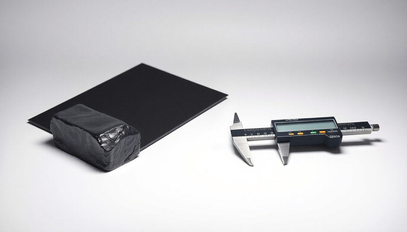 A high-end, photorealistic studio still-life photograph featuring a polished metal graphite ingot, a sleek black carbon fiber sheet, and a precision caliper tool arranged elegantly on a clean, monochromatic seamless background, conceptually representing the abstract concepts of industrial manufacturing, materials science, and financial performance.