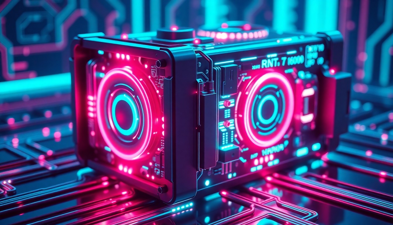 A highly detailed, glowing 3D illustration of a futuristic AI hardware accelerator device, with neon cyan and magenta lights illuminating its intricate circuits and components, conceptually representing the technology that enables GPU providers to monetize token-based access to AI models.