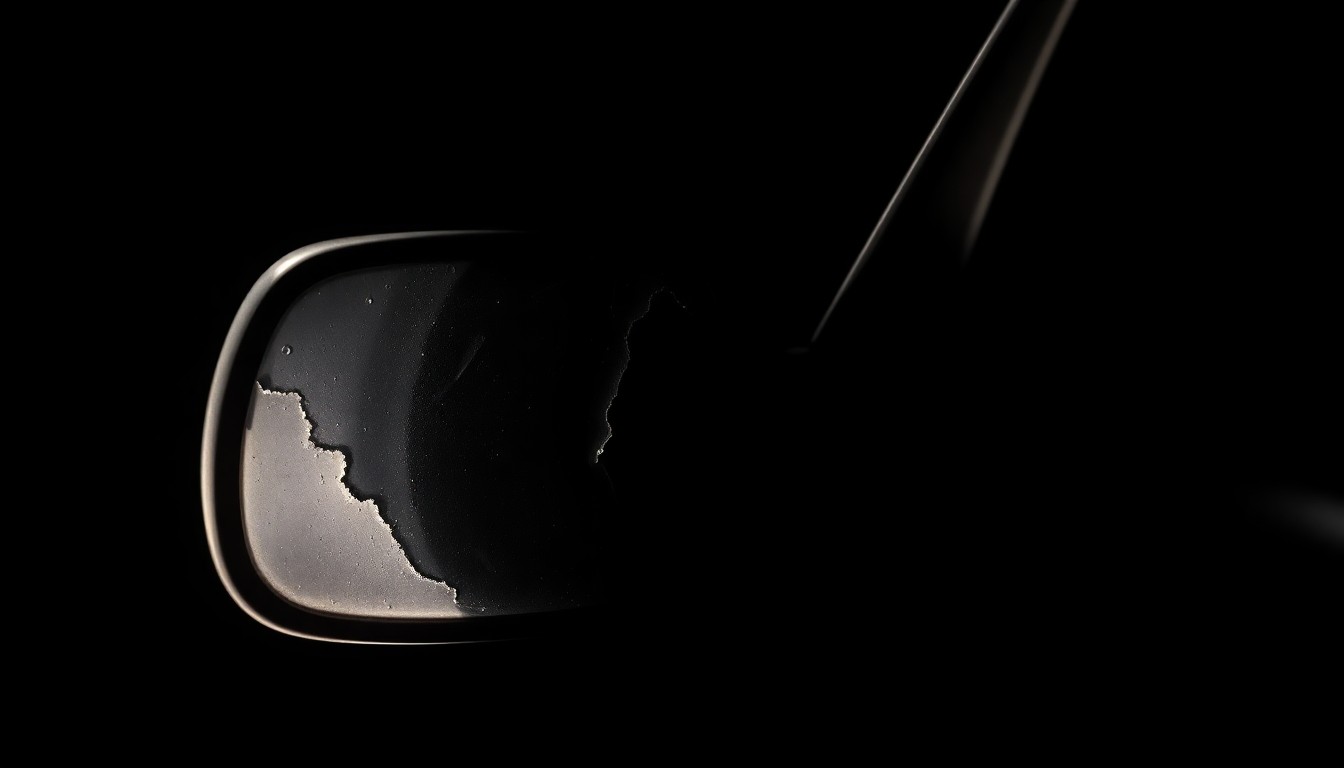 An extreme close-up photograph of a car's damaged side mirror, capturing the harsh, gritty details of the crime scene without depicting any actual violence or victims.