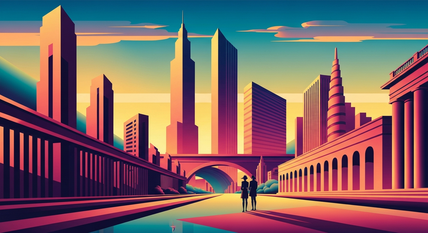 A highly stylized, geometric illustration depicting the sweeping, streamlined architecture of a towering hotel or resort, rendered in smooth gradients of warm sunset colors that evoke the energy and romance of the Sunset Strip.