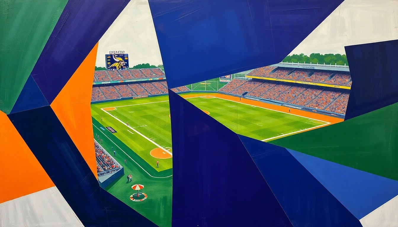A fragmented, cubist-style painting depicting a Vikings sports competition, with sharp geometric shapes and planes in navy, green, and orange representing the disruption caused by the weather-related schedule changes.