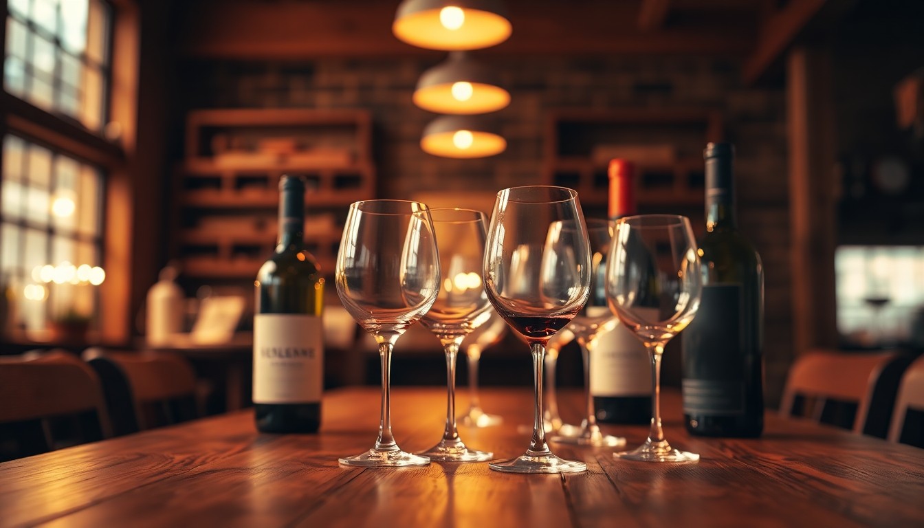 An abstract, out-of-focus photograph of wine glasses and bottles on a wooden table, with warm, golden light creating a soft, hazy atmosphere that evokes the cozy tasting room experience at Madson Wines.