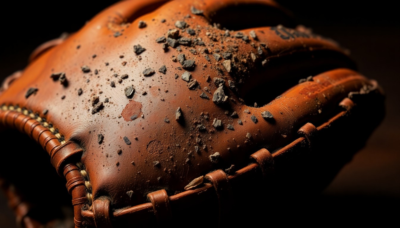 An extreme close-up photograph of a well-worn baseball glove, capturing the gritty, high-contrast textures and worn leather to conceptually represent the high-stakes intensity of elite youth sports.