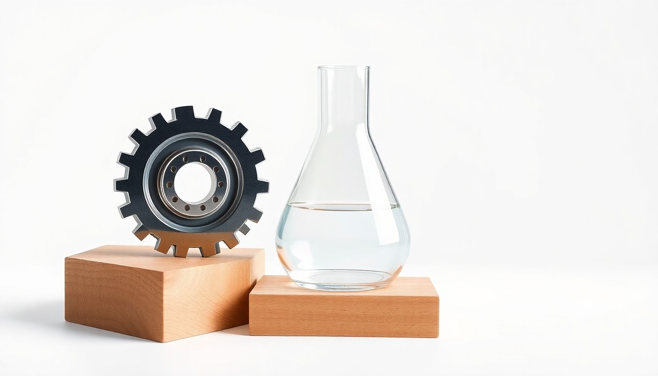 A high-end, photorealistic studio still-life photograph featuring a polished metal gear, a sleek glass beaker, and a smooth wooden block floating on a clean white background, conceptually representing the intersection of industrial manufacturing, chemical processing, and strategic leadership.