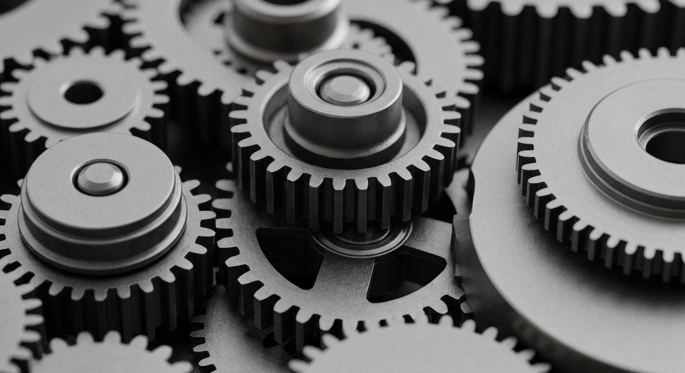 An extreme close-up of heavy, industrial banking machinery and components in muted metallic tones, conceptually representing the complex infrastructure of the financial system.