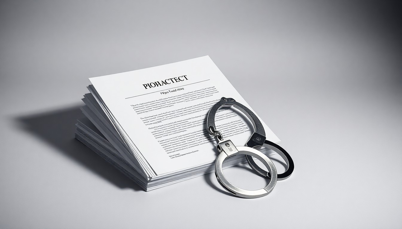A photorealistic studio still life featuring a stack of official documents and a pair of handcuffs, symbolizing the legal battle between an airline catering company and its workers over labor rights violations.