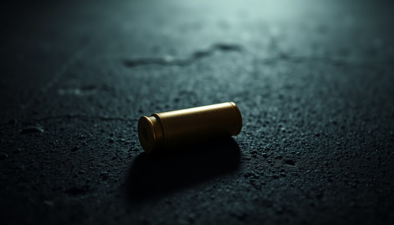 An extreme close-up of a single spent shell casing on a dark concrete surface, creating a stark, gritty visual that conceptually represents the aftermath of a violent crime.