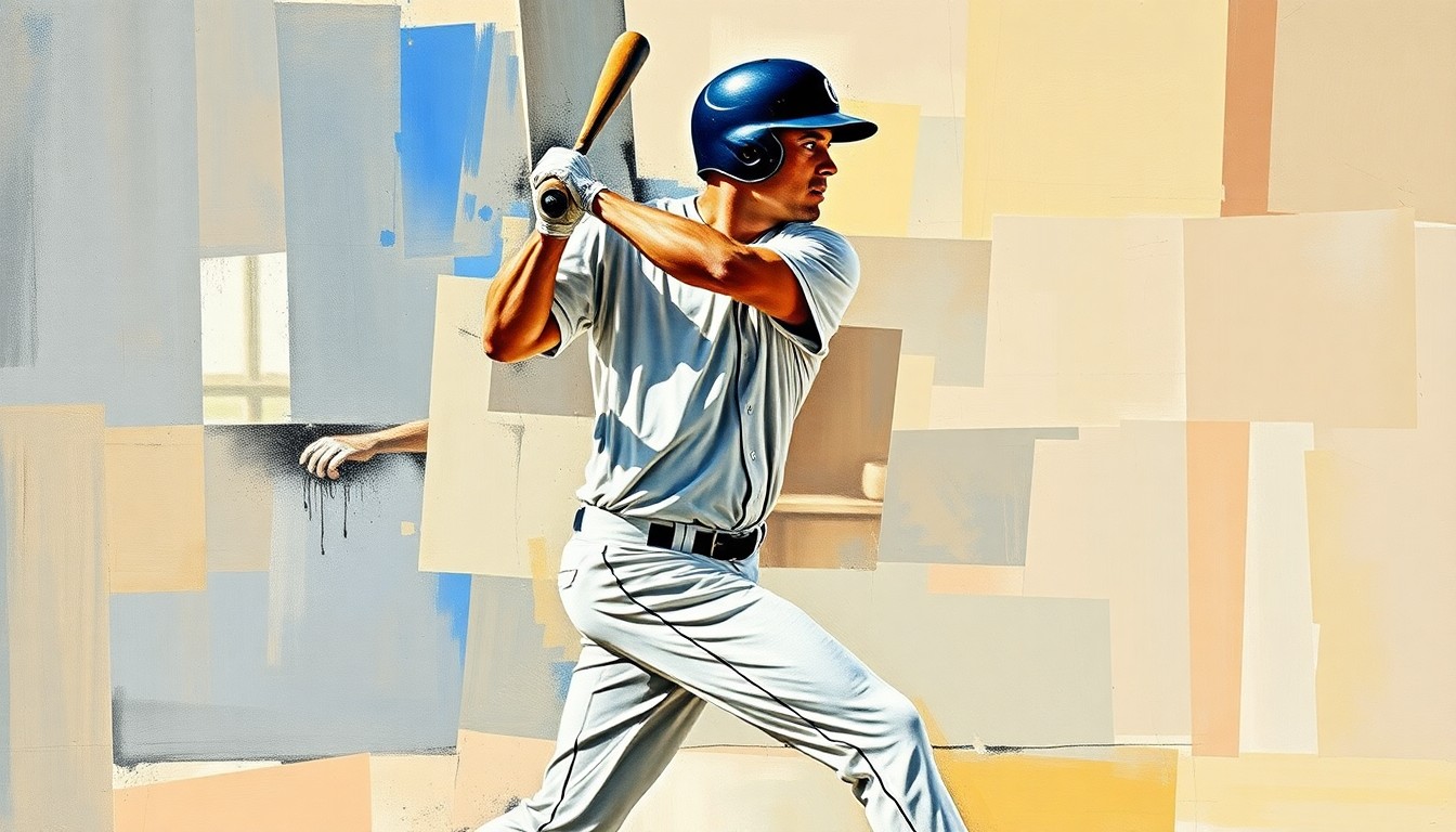 A cubist, geometric painting depicting the fractured, multi-perspective movements of a baseball player's batting stance and swing, conceptually representing the Pirates' investment in a top young prospect.